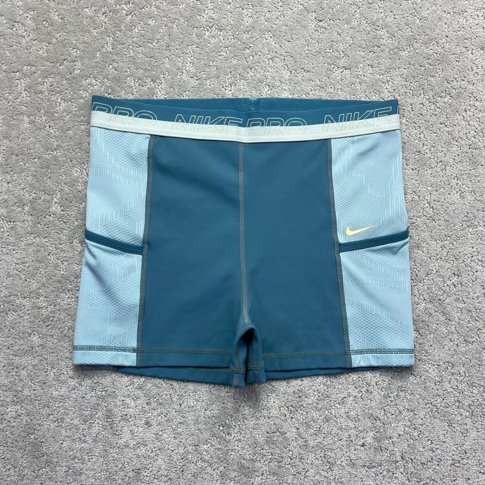 Nike Pro Training Shorts Womens Large Blue Dri-FIT Pockets High Rise Gym Workout